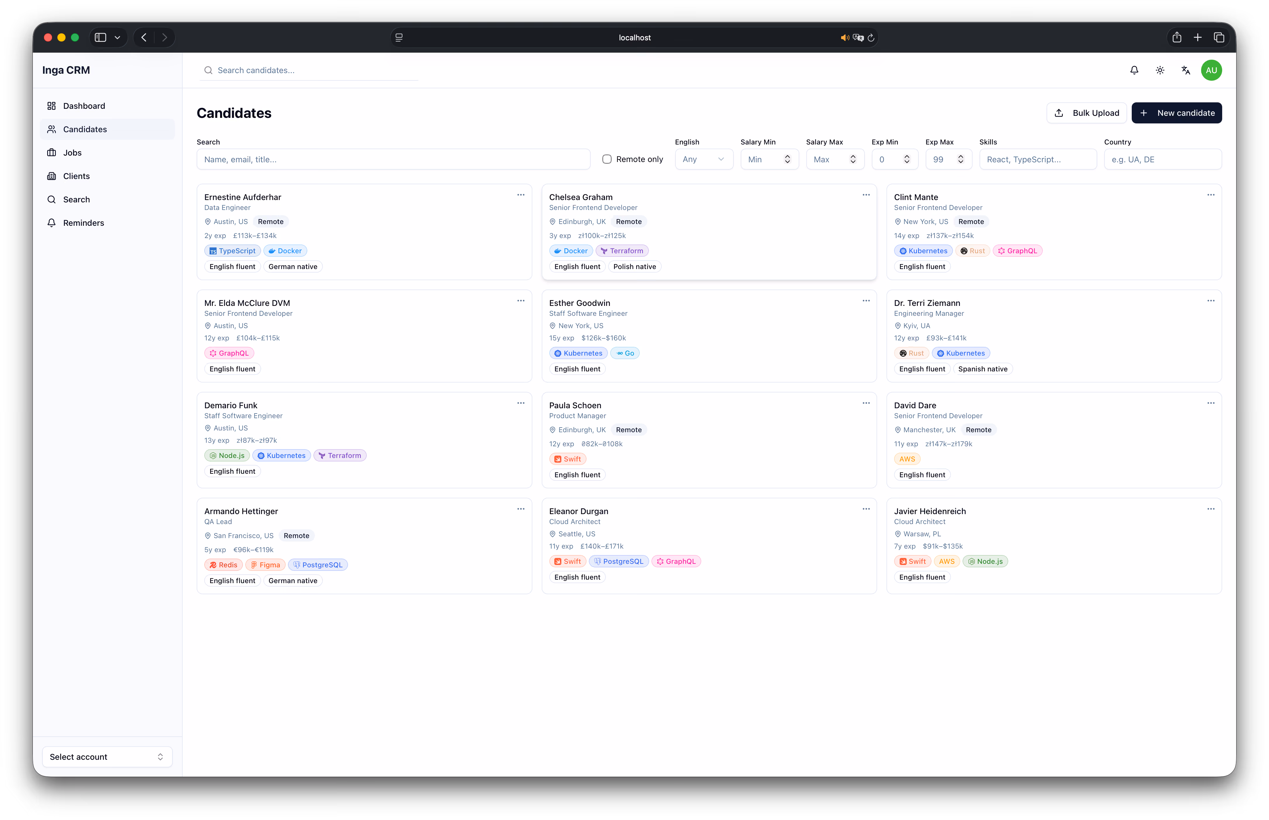 Recrudoc CRM candidates view with search, filters, and candidate cards