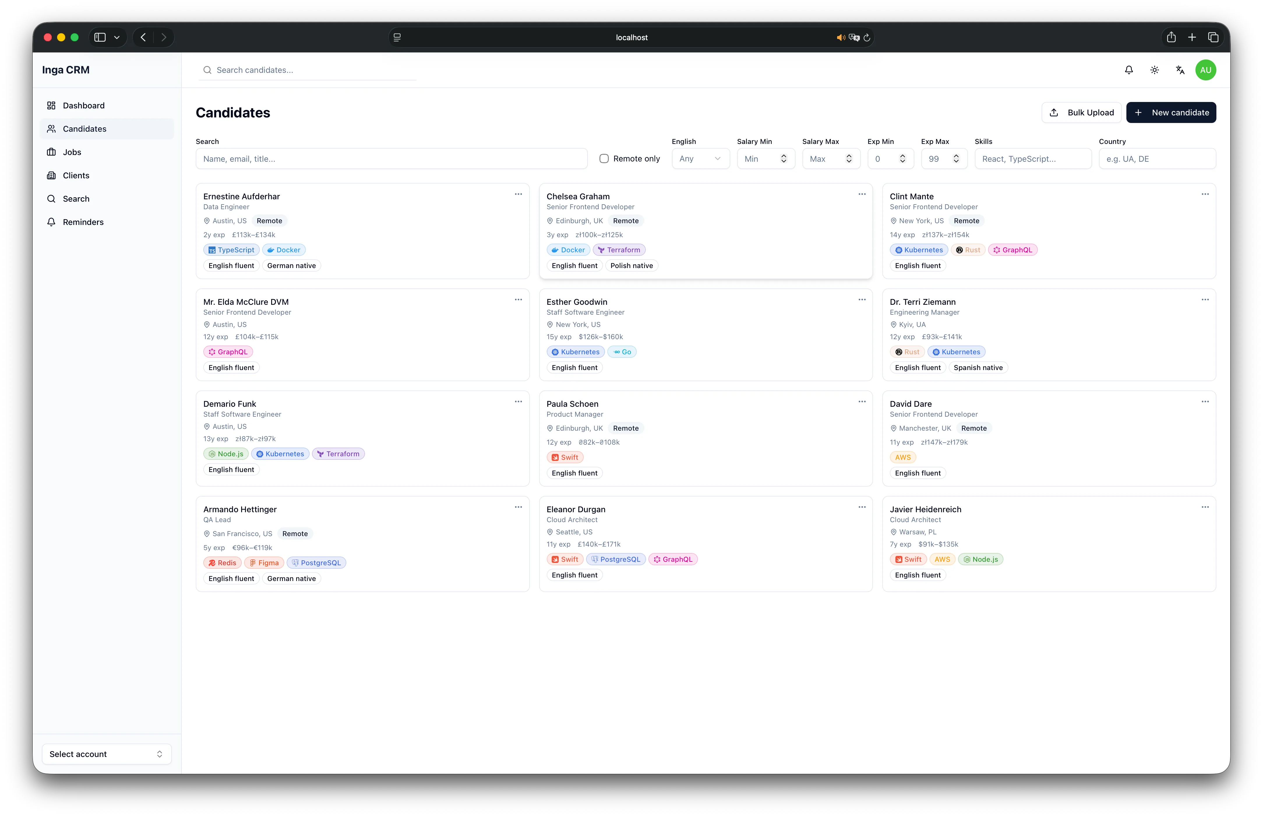 Recrudoc CRM — Candidates view with search, filters, and candidate cards