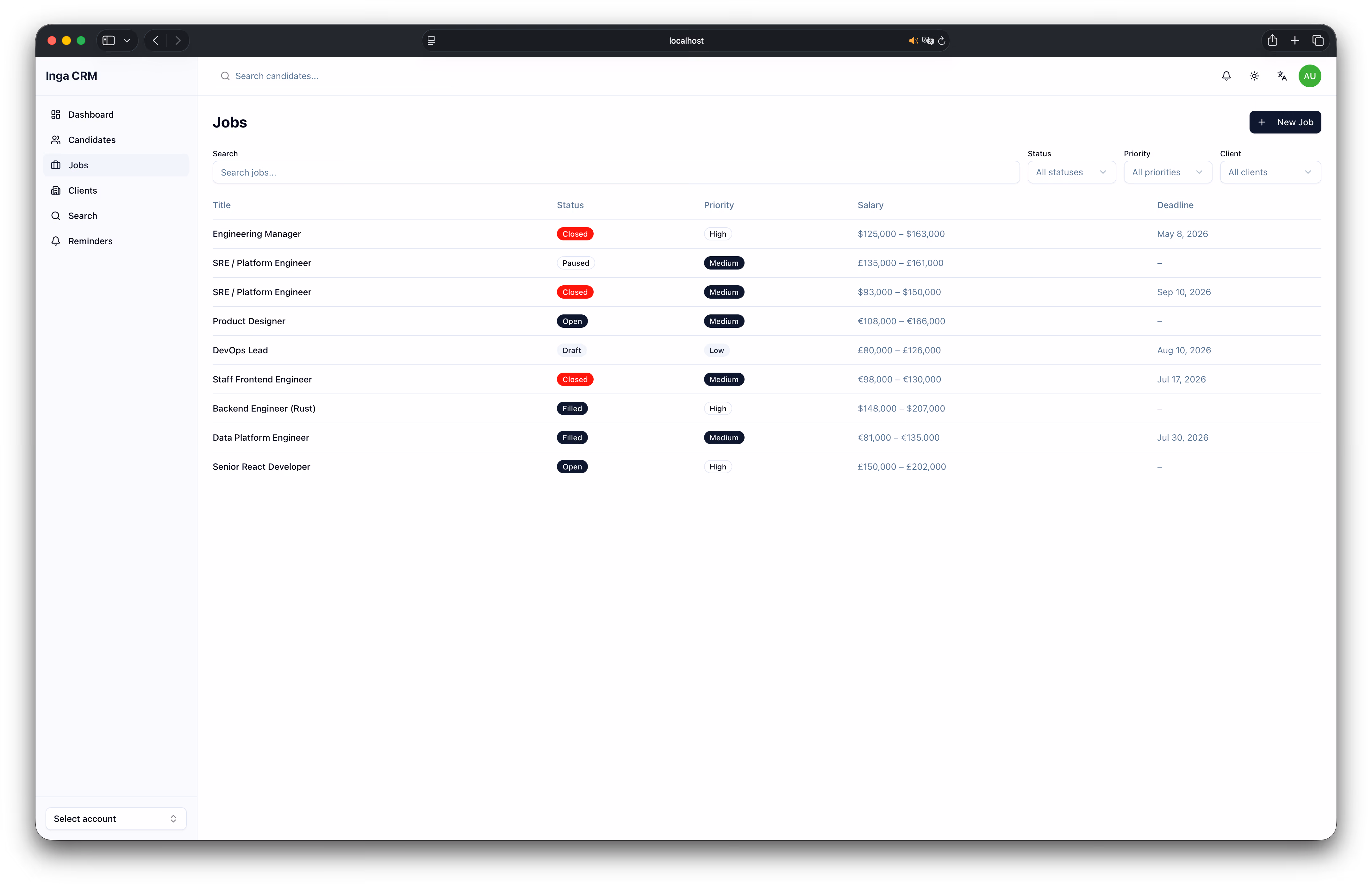 Recrudoc CRM jobs management view with status, priority, and salary tracking