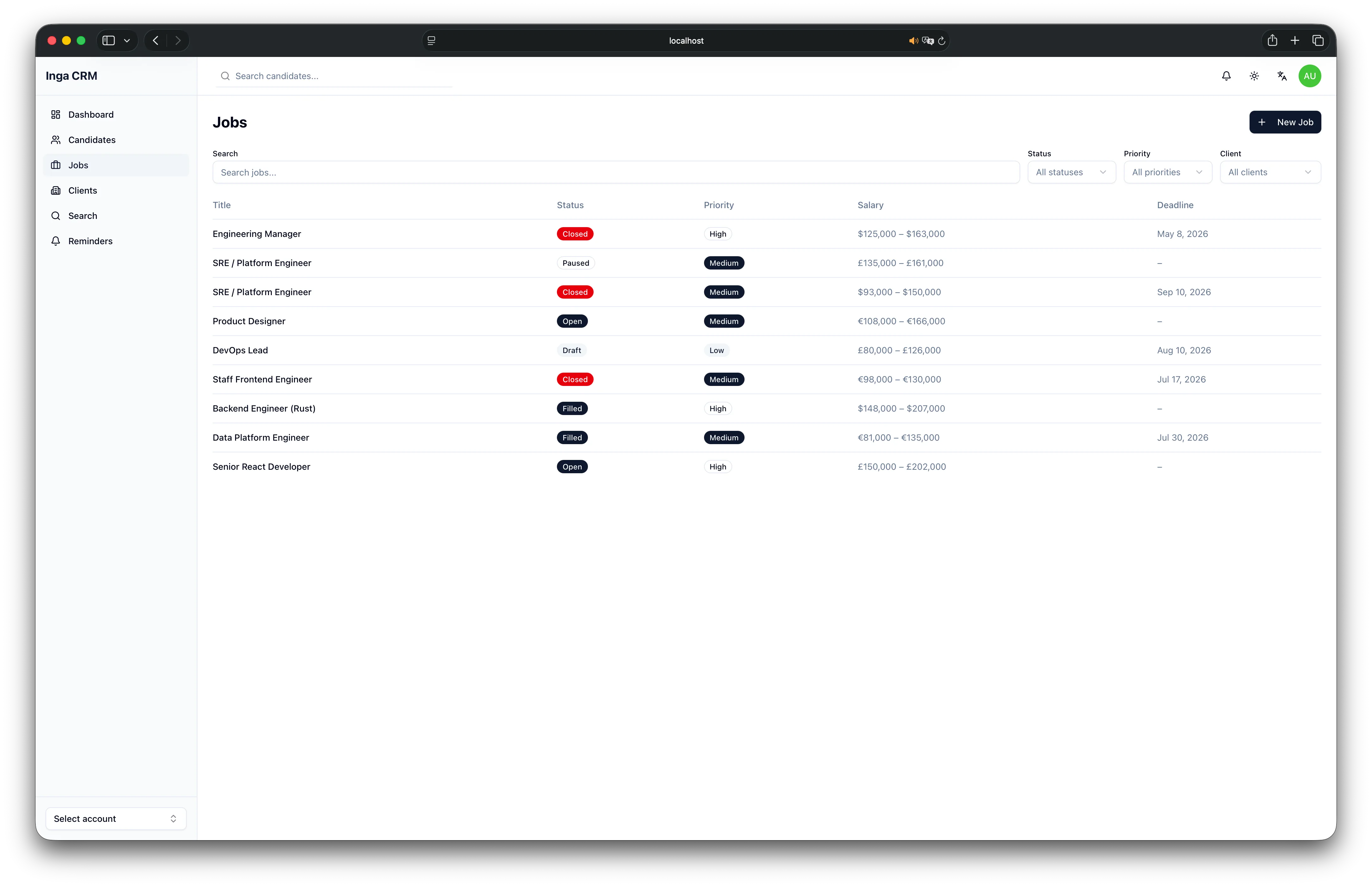 Recrudoc CRM — Jobs management view with status, priority, and salary tracking